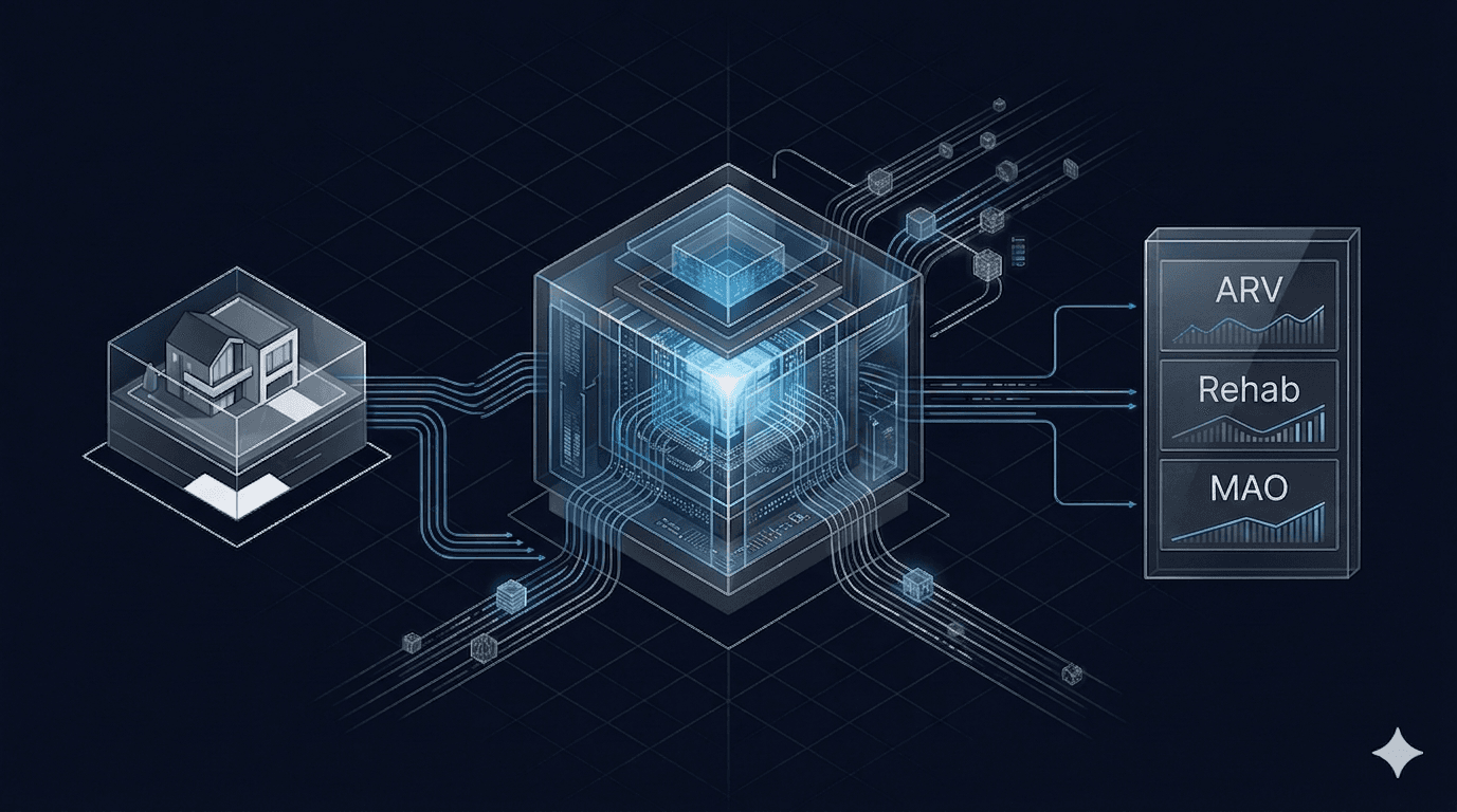Dottid AI underwriting engine turning a property into ARV, rehab, and MAO outputs