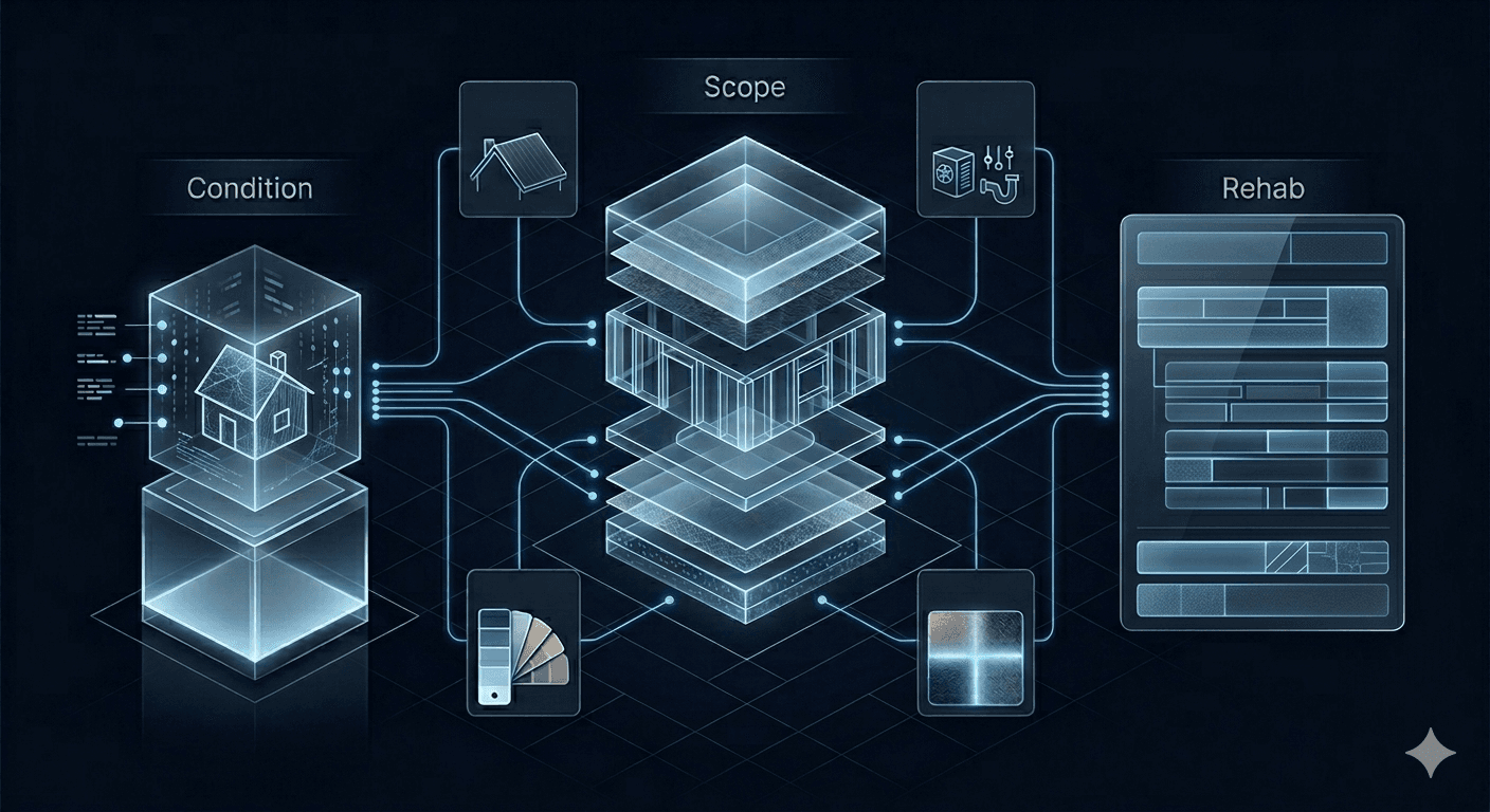 Rehab scope engine showing condition, scope, and rehab output
